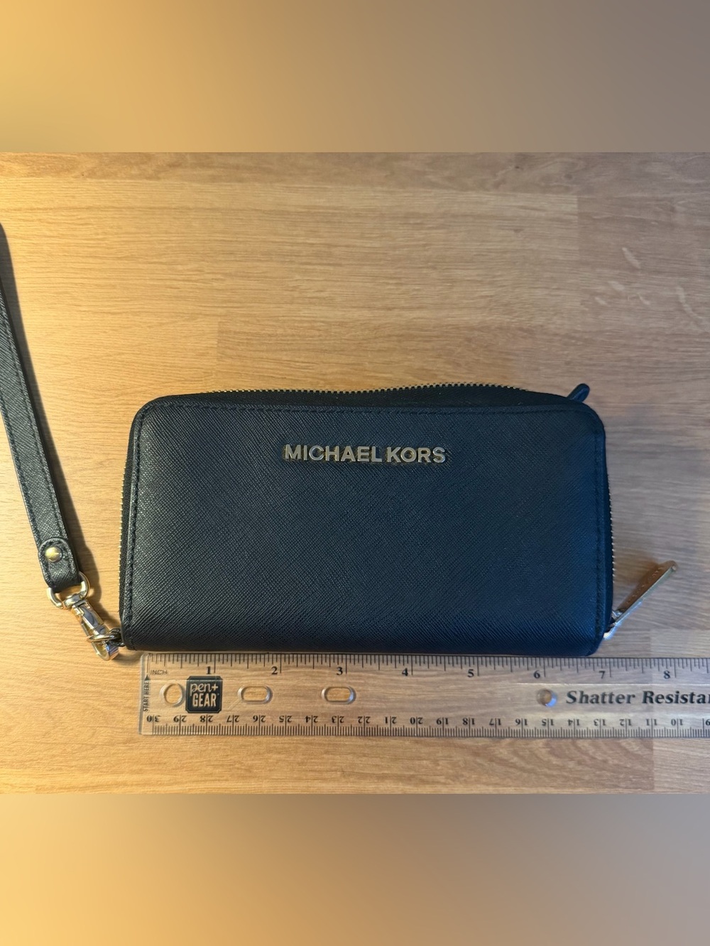 Michael Kors Black Saffiano Zip Around Wallet with Gold Logo